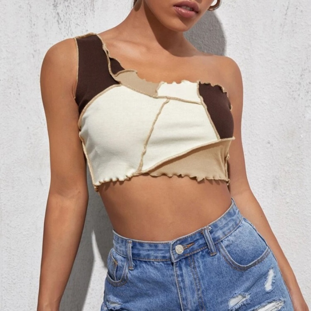 SHEIN One Shoulder Lettuce Trim Colorblock Crop Top